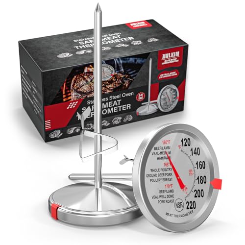 AWLKIM 2 Pack Analog Meat Thermometer Oven Safe Dial No Battery | Bimetallic Stem Dial, Leave-In Oven Safe, 2.5in Large Face, No Batteries for Roast Turkey Grill BBQ Cooking - color: Silver