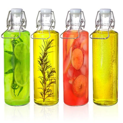 Cididu 33oz Swing Top Glass Bottle 4 Pack, 1L Clear Beer Bottle with Air Tight Lids, Easy Cap Glassware with Handle for Kombucha, Home Brewing, Juice, Carbonated Drink, Vinegar, Oil, Mead, Milk, Soda