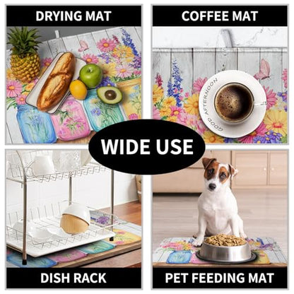 Daisy Dish Drying Mat for Kitchen Counter Spring Summer Flowers Vases Dishes Pad Microfiber Absorbent Dish Draining Mats Rustic Farmhouse Floral Wooden Board Dish Drainer Rack Mat 18x24 Inch - size: 18" x 24"
