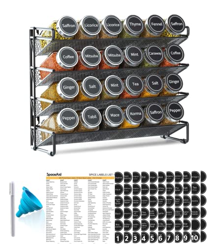 SpaceAid Spice Rack Organizer with 24 Spice Jars, 386 Spice Labels, Chalk Marker and Funnel Set for Cabinet, Countertop, Pantry, Cupboard or Door & Wall Mount -24 Jars, 11.8" W × 10.8" H, Black - color: Black, size: 24 Jars, 11.8"W × 10.8"H