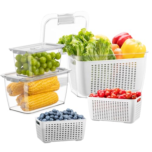 LUXEAR Fresh Container, 3PACK Produce Saver Container BPA Free Fridge Organizer for Vegetable Fruit and Salad Partitioned Food Storage Container with Vents Stay Fresh Containers Not Dishwashers Safe - color: White