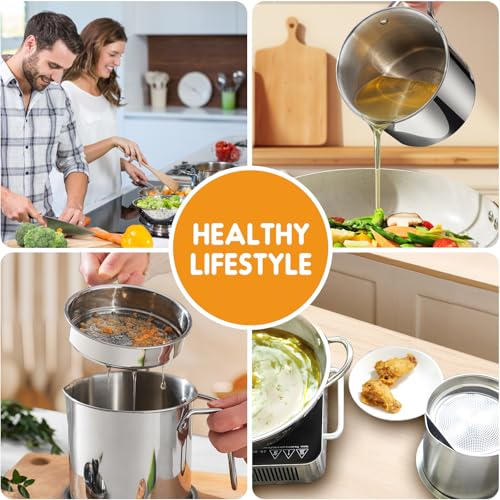 Chihee Grease Container Stainless Steel 2L / 67.6 fl oz Fine Mesh Strainer | Easy to Clean Large Spout Bacon Grease Saver Cooking Oil Keeper Stoarge Can with Dust-proof Lid Non-slip Tray Kitchen Frying - color: Silver(2L)
