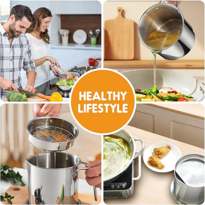 Chihee Grease Container Stainless Steel 2L / 67.6 fl oz Fine Mesh Strainer | Easy to Clean Large Spout Bacon Grease Saver Cooking Oil Keeper Stoarge Can with Dust-proof Lid Non-slip Tray Kitchen Frying - color: Silver(2L)