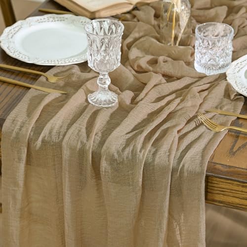 Artoid Mode Boho Cheesecloth Gauze Sand Wedding Table Runner, 120 Inch Seasonal Fabric Kitchen Dining Holiday Table Decor for Home Party Indoor - color: Sand, size: 120"