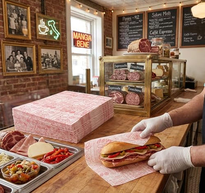 MADE IN USA 1,000 Sheets of Grease-Resistant Food Grade Waxed Kraft Deli Tissue Paper, 12" X 12" (Red Italian Sub Print) - color: Red Italian Sub Print