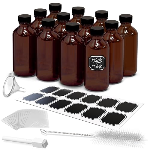 Nevlers Amber Glass Bottle 12 Pack | 8 Oz Vanilla Extract Bottles Bundle | 8oz Amber Glass Jars with Lids , Shrink Wrap, Labels, Funnel & More | Use for Ginger Shots & Vanilla Bottles for Gift Giving - color: Amber
