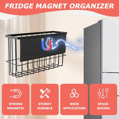 Magnetic Basket Organizers, Dryer Ball Holder Laundry Room Organization Whiteboard Metal Wire Basket with Hooks, Space-Saving Fridge Spice Rack for Sponge Recipe Wrap