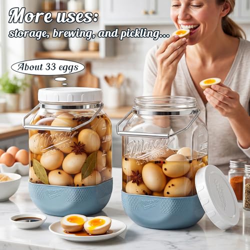 2 Pack Square Glass Containers with Airtight Lids, Wide Mouth Mason Jars, 1 Gallon Glass Jar With Handle & Non-slip Base & Scale Mark, 128 Oz Pantry Storage Canisters for Flour, Rice, Pickle