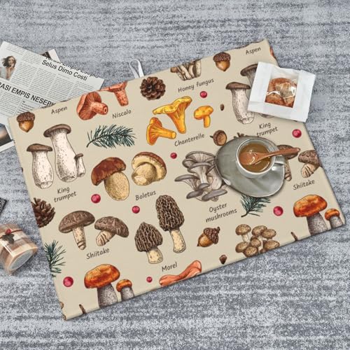 Mushroom Dish Drying Mats For Kitchen Counter XL Microfiber Kitchen Drying Mat Large Draining Pad Absorbent Quick Drying Dish Mat for Countertop Coffee Mats 18x24 Inch - color: Mushrooms