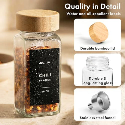 EDELHAUS® Square Spice Jars with Bamboo Wooden Lid (Pack of 24) Spice Jars with Shaker Insert and 240 Labels - Bamboo Lid Glass Container for Spice Organisation [4.3 in × 1.8 in] - color: Black Spice Labels