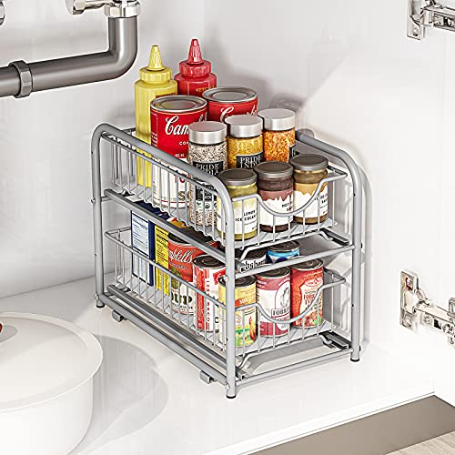 under sink storage 2 Tier Stackable Sliding Basket Organizer Drawer For Kitchen And Bathroom/Cabinet Drawers,silver - color: Silver