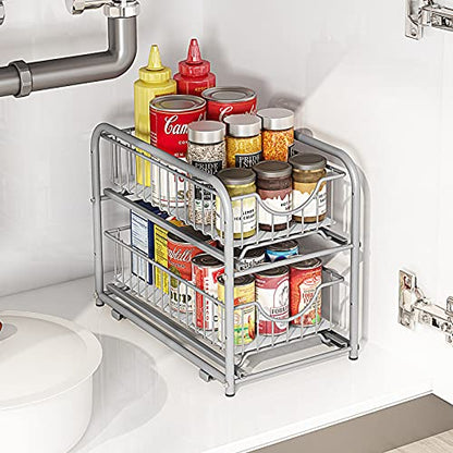 under sink storage 2 Tier Stackable Sliding Basket Organizer Drawer For Kitchen And Bathroom/Cabinet Drawers,silver - color: Silver