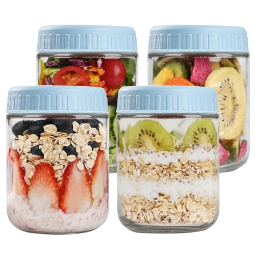 SHOWIN Overnight Oats Containers with Lids, 16oz Glass Jars with Lids 4 pcs, Light Blue, Wide Mouth Mason jars for Salad, Yogurt, Snacks, Meal Prep - color: Light Blue, size: 16oz-4pc