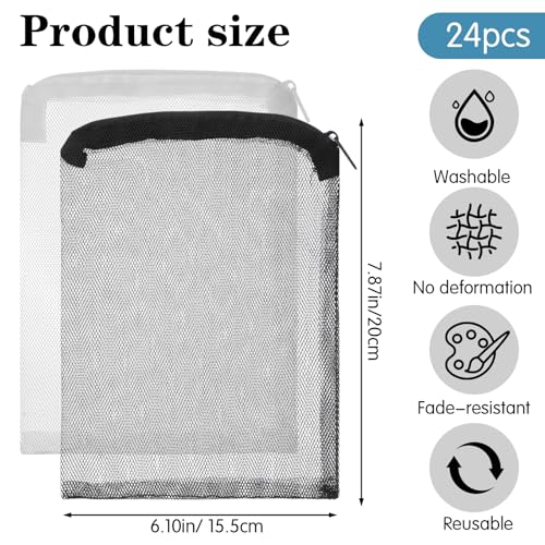 24 Pcs Mesh Bag for Aquarium Media, Aquarium Filter Media Bags | Bags Extra Fine 6.10×7.87 Inches With Zipper for Fish Tank Ceramic Rings Bio Balls(Black, White)