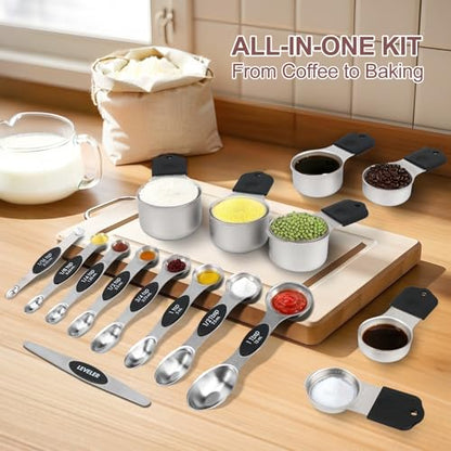 16-Piece Stainless Steel Measuring Cups and Spoons Set, Strong Magnetic Nesting Design 7 Cups 8 Spoons with Leveler, Double Measurement Markings for Dry & Liquid Ingredients, Black - color: 16-Piece Black