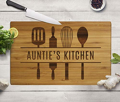 Andaz Press Large Bamboo Wood Cutting Board Gift, 17.75 x 11-inch, Auntie's Kitchen, Utensils Graphic, 1-Pack, Laser Engraved Serving Chopping Board Christmas Birthday Chef Kitchen Ideas - color: Auntie
