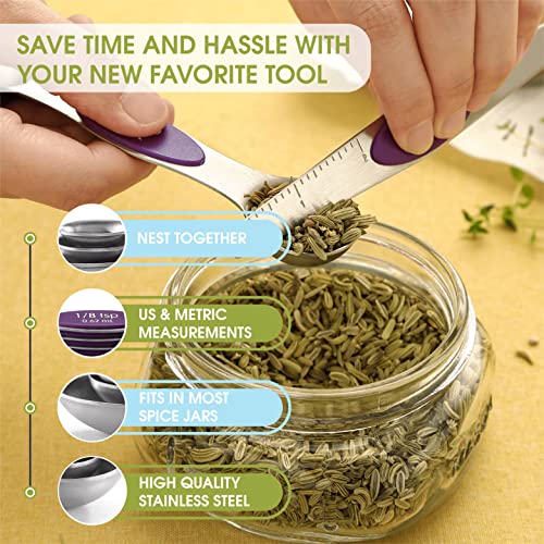 Spring Chef Purple Stainless Steel Magnetic Measuring Spoons Set of 8 with Leveler, Dual Sided Metal Teaspoon & Tablespoon Measuring Spoons, Kitchen Gadgets for Baking & Cooking, Fits in Spice Jars - color: Purple, size: 1-Pack