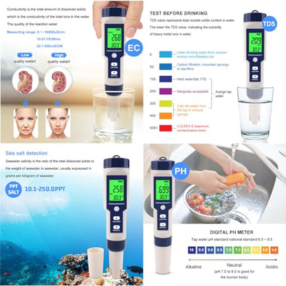 5 in 1 PH Meter Gomass 0.01 High Accuracy ph Tester Digital for Water TDS/EC/Salt/Temp/PH Pen, PPM Meter Water Tester Drinking Water, Hydroponics, Plants, Aquarium and Pool - color: blue