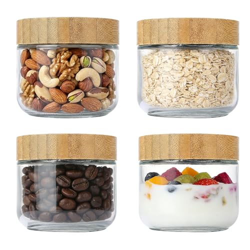 4 Pack 10oz Glass Jars with Bamboo Airtight Lids - Wide Mouth Food Storage Containers for Yogurt Chia Pudding Salad Spice Sugar