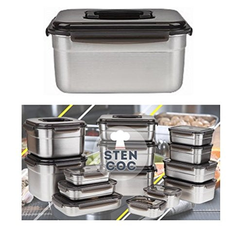 STENCOC Stainless Steel BPA Free Rectangular Leakproof Airtight Kimchi/Pickle/Food Storage Container Saver (3.6L / 122oz / 9.8") One Handle Half-Transparent Lid Stackable