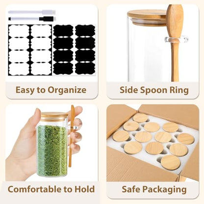 TBWIND 12 Pack 10 oz Round Glass Spice Jars with Lids and Spoons – Airtight Small Spice Containers Set with Labels, Clear Glass Storage Jars for Seasoning, Spices, Kitchen Pantry Organization - color: Round/10oz/12pcs/Spoon