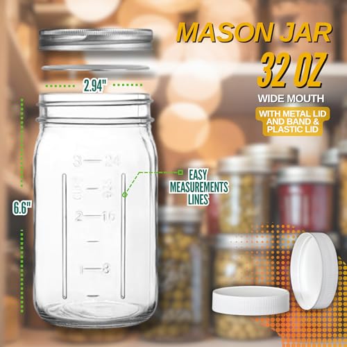 Wide Mouth Mason Jars 32 oz – 2 Pack Quart Size Jars with Airtight Lids and Bands & White Plastic Lid, Ideal for Meal Prep, Canning, Fermenting and DIY Projects, Microwave & Dishwasher Safe. - color: Quart, size: 32 Ounce (Pack of 2)