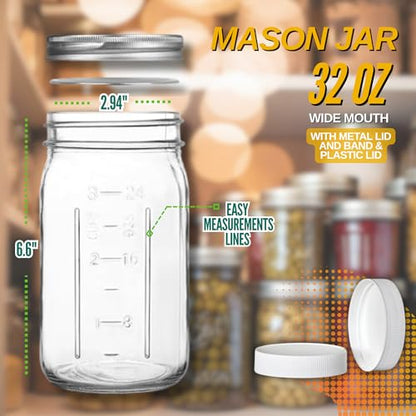 Wide Mouth Mason Jars 32 oz – 2 Pack Quart Size Jars with Airtight Lids and Bands & White Plastic Lid, Ideal for Meal Prep, Canning, Fermenting and DIY Projects, Microwave & Dishwasher Safe. - color: Quart, size: 32 Ounce (Pack of 2)