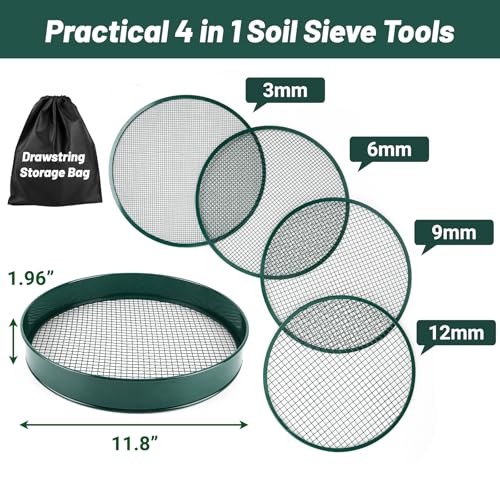 Soil Sifter for Gardening, 12" Green Soil Sifter Potting Sieve with Shovel and 4 Fine Screens for Sand Dirt, Sand, Rock, Filtration, Compost and Bonsai (5 IN1)