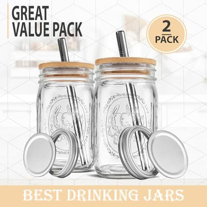 MEM WORLDSHOP Wide Mouth Mason Jars 32 oz - (2 Pack) - Wide Mouth 32-Ounces Quart Mason Jars with Reusable M.E.M Bamboo Lids & Stainless Steel Straws - For Smoothies, Milk Shakes, Iced Coffee, Tea