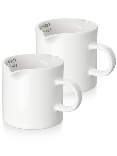 ABRUTY Espresso Cups, 5 OZ Ceramic Double Spouts Cups, Espresso Shot Cup with Handle and Measuring, Small Coffee Mugs Accessories for Espresso Machine Set Suitable for Milk Syrup - color: White (2 Pack)