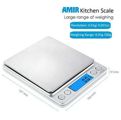 (Upgraded) AMIR Digital Kitchen Scale, 500g Mini Pocket Jewelry Scale, Food Scale, Coffee Scale, Back-Lit LCD Display, 2 Trays, 6 Units, Auto Off, Tare, PCS, Stainless Steel (Batteries Included) - color: Silver