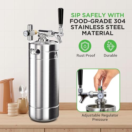 NutriChef Pressurized Growler Tap System, 128oz Stainless Steel Mini Keg Dispenser Portable Kegerator Kit, Co2 Pressure Regulator Keeps Carbonation for Craft Beer, Draft and Homebrew - size: 128oz
