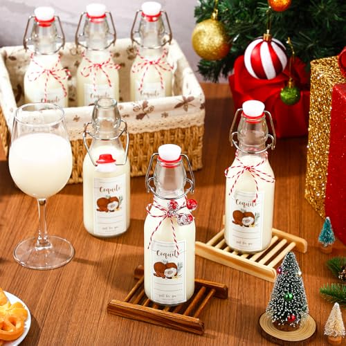 Havawish 16 Pcs Merry Christmas 8 oz Coquito Swing Top Glass Bottles with Airtight Cap Lids Labels Clear Flip Top Bottles with Stoppers for Homemade Christmas Home Brewing Beer Beverages(Coconut) - style: Coconut