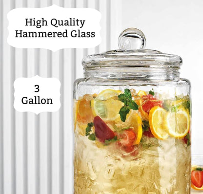 3 Gallon Glass Drink Dispenser with Metal Stand & Lid – Hammered Beverage Dispenser with Leakproof Spigot, Wide Mouth for Easy Fill – Ideal for Parties, Lemonade, Iced Tea, Sangria & More - color: Clear-3 Gallon