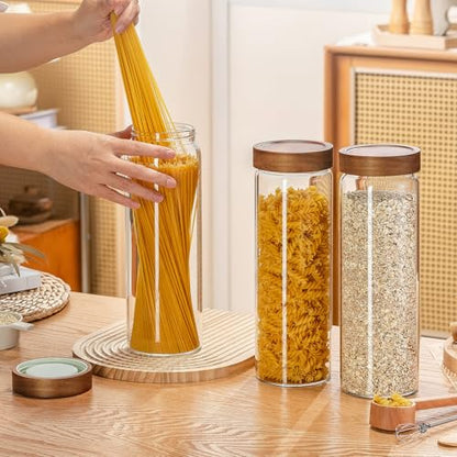 Wissy&Konny 3 Pack Glass Pasta Storage Containers with Screw wood Airtight Lid, 70oz Tall Glass Jar with Lid Spaghetti Container Storage for Pasta,Spaghetti,Cereal (132 Pantry Labels)