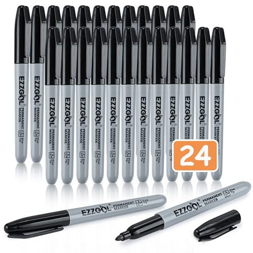 Ezzgol Black Permanent Markers Bulk, 24 Packs Fine Tip Permanent Marker, Waterproof Markers, Premium Smear Proof Pens, Quick Drying, Office Supplies for School, Office, Home