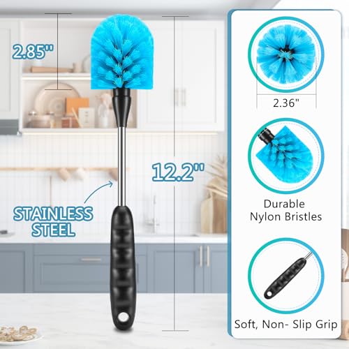 12.2 inch Bottle Brush Set of Three，Washable Coffee Cups, Water Bottles, Baby Bottles, Straws, to-go Cups, Long-Handled 3-in-1 Stainless Steel Bottle Brushes. (Blue) - color: Blue