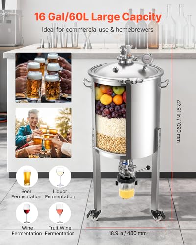 VEVOR Pressure Fermenter 15 PSI, 16 Gal/60L All-in-One Stainless Steel Conical Secondary Fermentation Bucket, with Cooling Tube, Yeast Slurry Collection Bottle, for Wine, Beer Brewing Equipment - size: 16 Gal-Fermenter2.0