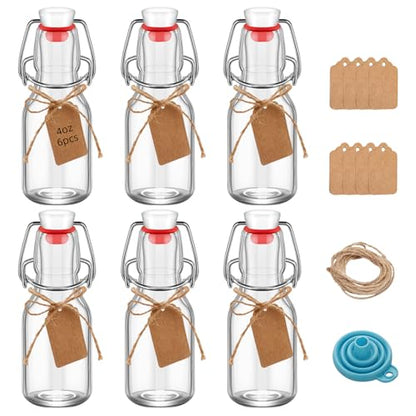 6Pcs Flip Top Glass 4 oz with Caps Beer Bottles Clear Swing Top Glass Bottles Vinegar Kombucha with Stoppers Airtight Lids for Wedding Themed Baby Shower (6, PC, Round, 4, ounces)