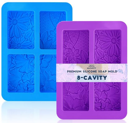 HKNMTT Silicone Square Rectangle Bar Molds Leaf Flower Pattern, 8 Cavities for Candy Soap Making Shower Steamer Homemade Bath Lotion Shampoo Bar DIY Set Non-stick Craft Food Grade 2 Pack - style: Daisy Ginkgo Leaf - 2PCS