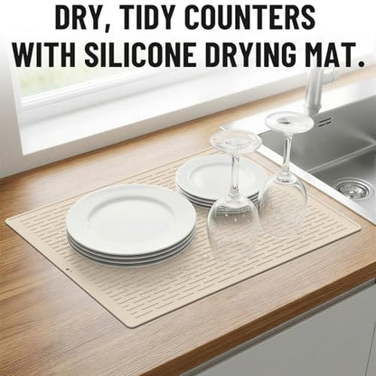 Dish Drying Mat Beige, 11.8x15.8 Inches Silicone Dish Mat Drying Kitchen Mat, Kitchen Drying Mat for Small Spaces, Non-Slip Fast Drain Drying Pad, Protects Surfaces Under Dishes and Glassware - size: 11.8" x 11.8"