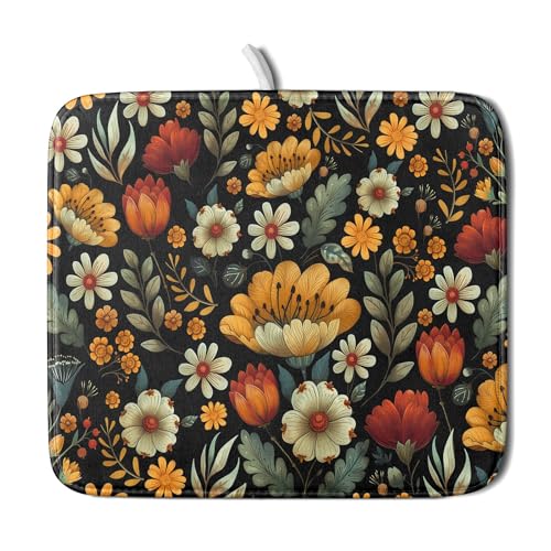 Vintage Boho Floral Dish Drying Mat for Kitchen Counter,Yellow Beige Black Spring Flower Drying Mat 16 x18 Inch with Absorbent Reversible Microfiber Drying Pad for Coffee Bar - size: 16" x 18"