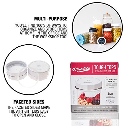 Masontops Tough Tops - Regular Mouth Mason Jar Lid - White - BPA-Free Plastic Screw Caps - Durable Reusable Jar Covers - color: White, size: Small Mouth