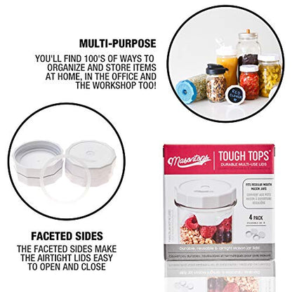 Masontops Tough Tops - Regular Mouth Mason Jar Lid - White - BPA-Free Plastic Screw Caps - Durable Reusable Jar Covers - color: White, size: Small Mouth