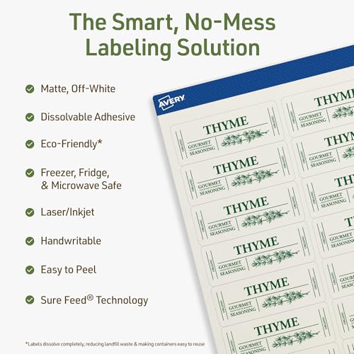 Avery Dissolvable Rectangle Labels, Sure Feed Technology, 1" x 2-5/8", Matte White, Laser/Inkjet Printable, 150 Labels Total, Freezer-Safe, Microwave-Safe, Refrigerator-Safe - style: 150 labels