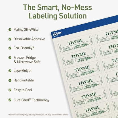 Avery Dissolvable Rectangle Labels, Sure Feed Technology, 1" x 2-5/8", Matte White, Laser/Inkjet Printable, 150 Labels Total, Freezer-Safe, Microwave-Safe, Refrigerator-Safe - style: 150 labels