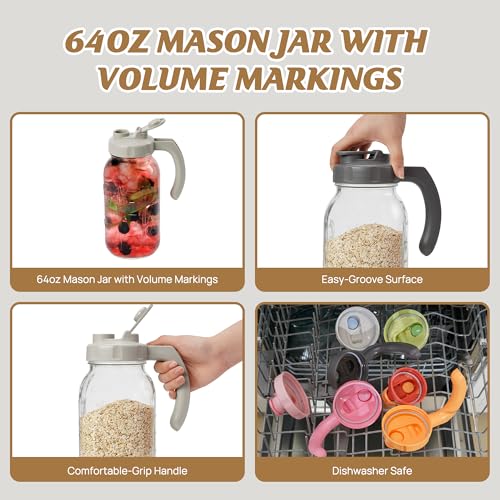 Soligt Glass Mason Jar Pitcher with Lid, Wide Mouth Flip Cap Pour Spout Leak-proof Lid with Handle, 64 oz/2 Quart, for Iced Coffee/Sun Tea Juice/Cold Brew/Milk (2 Pack, Dark Gray + Light Gray) - color: Dark Gray and Light Gray