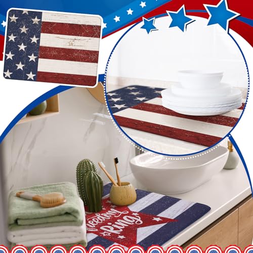 SiliFine 2 Pcs 4th of July Dish Drying Mat for Kitchen 18 x 24 Inch 250th Anniversary Patriotic Red White Blue Memorial Independence Day Star Microfiber American Flag Dish Drainer Mat for Countertop - style: Independence Day