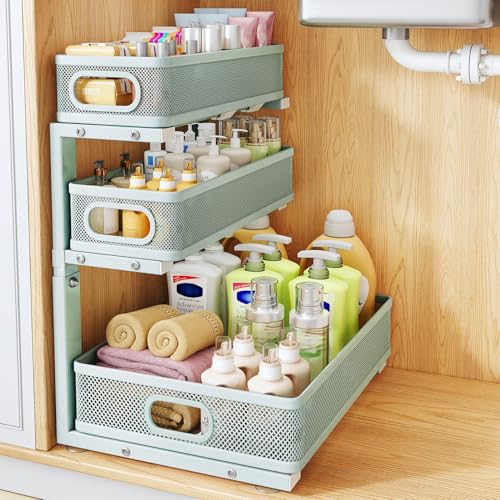 Under Sink Organizer, 1-Pack 3-Tier Thickened Metal Pull out Cabinet Organizer Shelf, Height Adjustable Slide out Storage Drawer Rack for Kitchen Bathroom Pantry Laundry Home Organization, LightBlue - color: LightBlue, size: 1-Pack