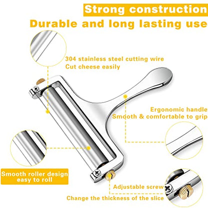 TOPULORS Wire Cheese Slicer Handheld Cutter with 1 Extra Wire, Silver | Stainless Steel Cheese Cutter Wire for Mozzarella, Cheddar, Gruyere, Adjustable Thickness Cheese Shaver for Block Cheese - color: Silver - Wire cheese slicer